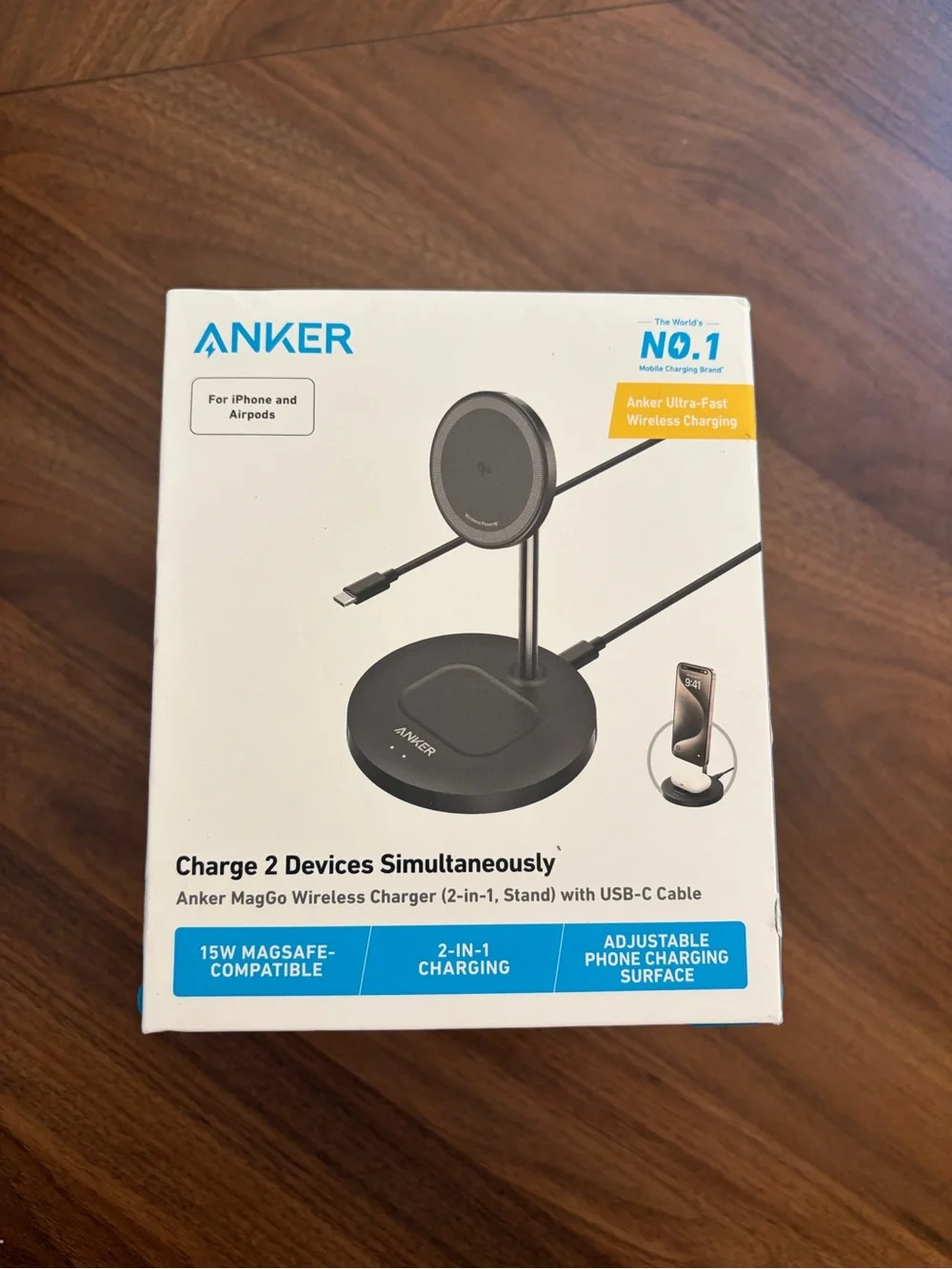 NIB Anker 15W MagSafe-Compatible Charger Stand in Black and Silver for 2 devices
